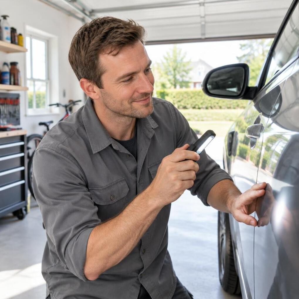 Man in a garage checking a car body panel with a work light